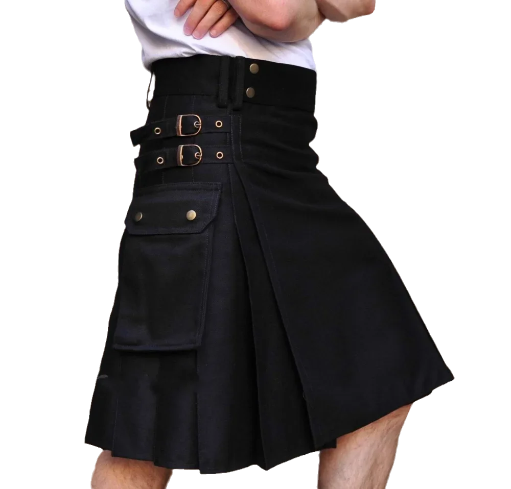 High Quality Fashion Men Cool Pocket Kilts Solid Color Gothic Kilt Vintage Warrior Cargo Kilt Metal Belt Pleated Skirt