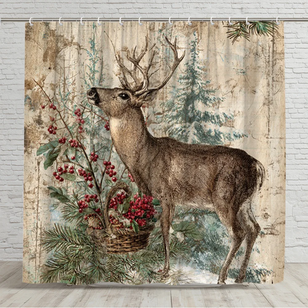 [Christmas Holiday Decor] 1pc 2D Flat Christmas Shower Curtain Vintage Deer With Pinecones And Berries Rustic Holiday Bathroom D