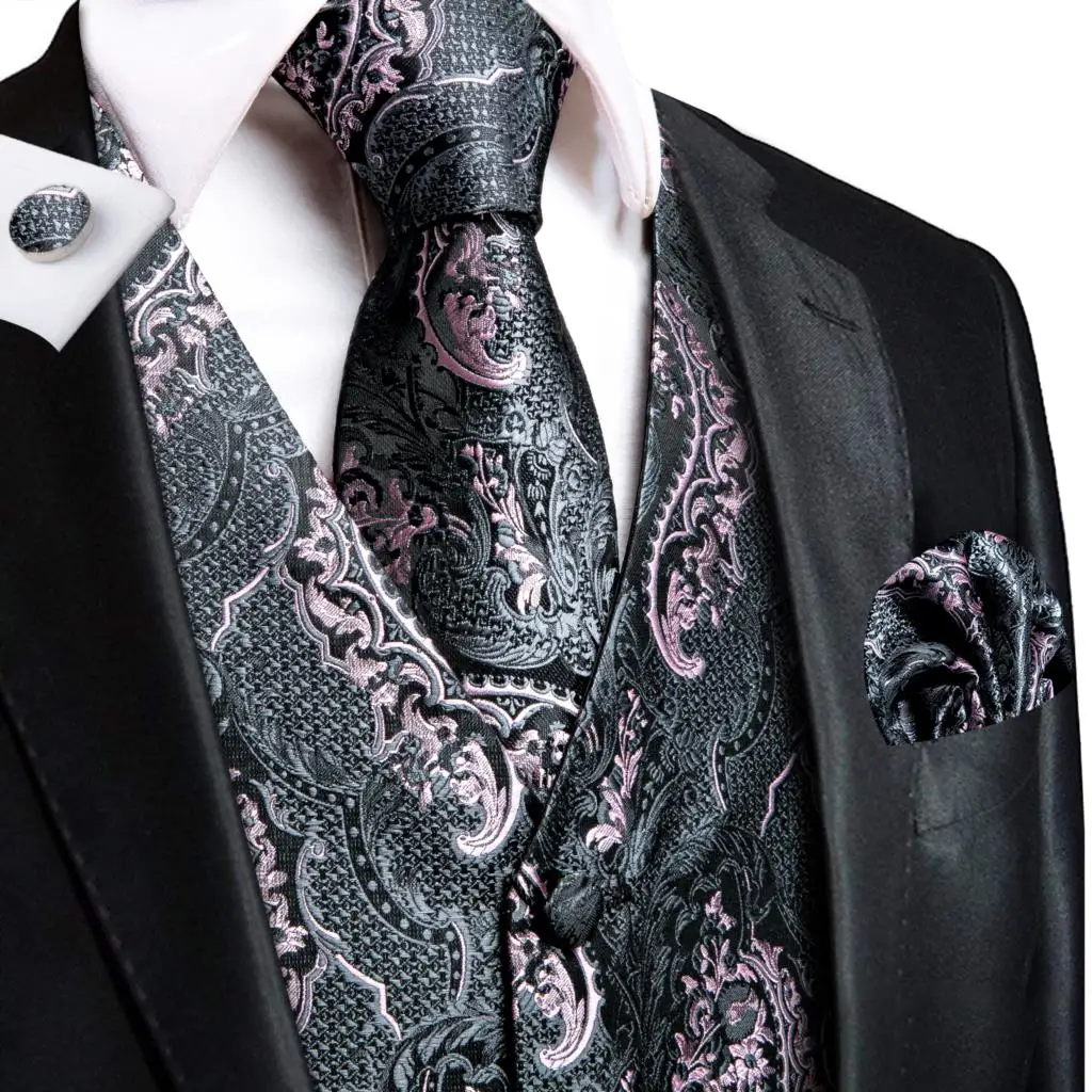 Hi-Tie Brand Mens Vests Grey Black Gold Navy Blue Red Burgundy Jacquard Waistcoat Jacket NeckTie Hanky Cufflinks for Men