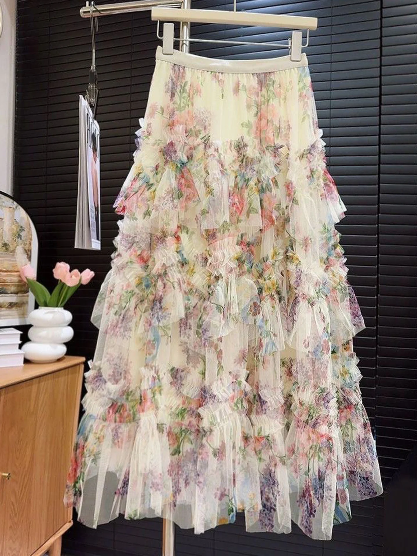 Korean Style High Waist Mesh Splice Floral Half Skirt Women's Autumn New Gentle Wind Cake Skirt Loose Fit Elegant Ladylike