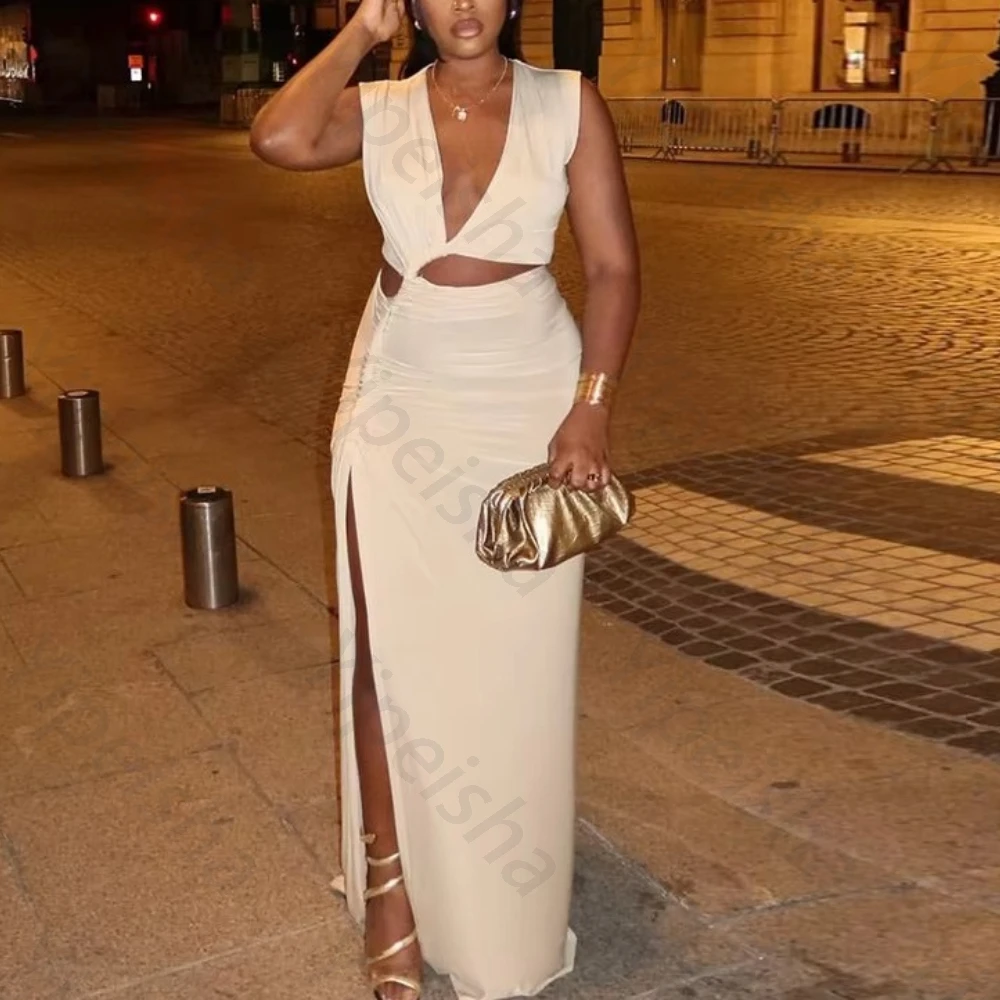 ノースリーブ無地サイドスリットイブニングドレスエレガントセレブリティドレス絶妙な高品質プロムパーティードレス女性カスタマイズ
