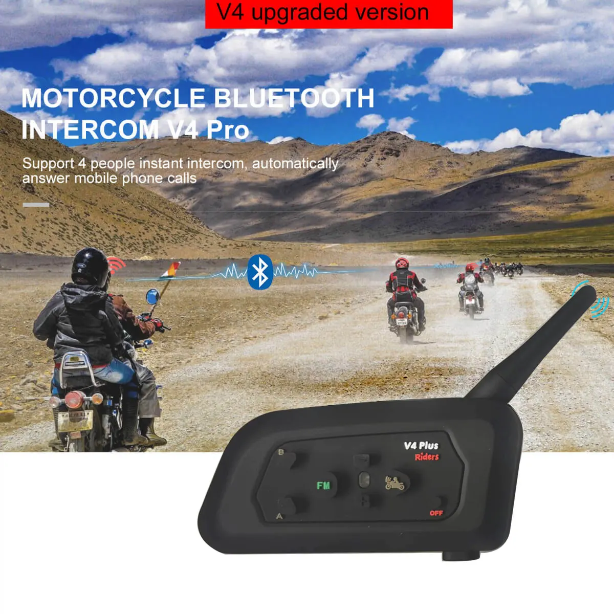 V4 Plus 1200M Bluetooth Headset 4 Riders Bikers Skiers FM Waterproof Interphone Motorcycle Helmet Intercom