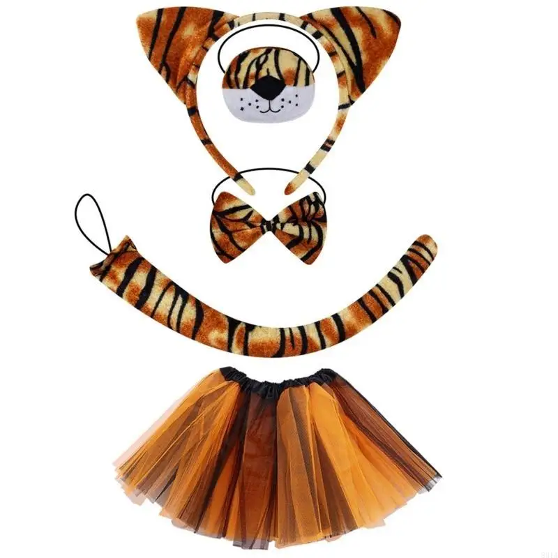 831A Halloween Animal Outfit Animal Cosplay Costume Set for Boy Girl with Animal Tail Animal Ear Headband Nose Bowtie Skirt