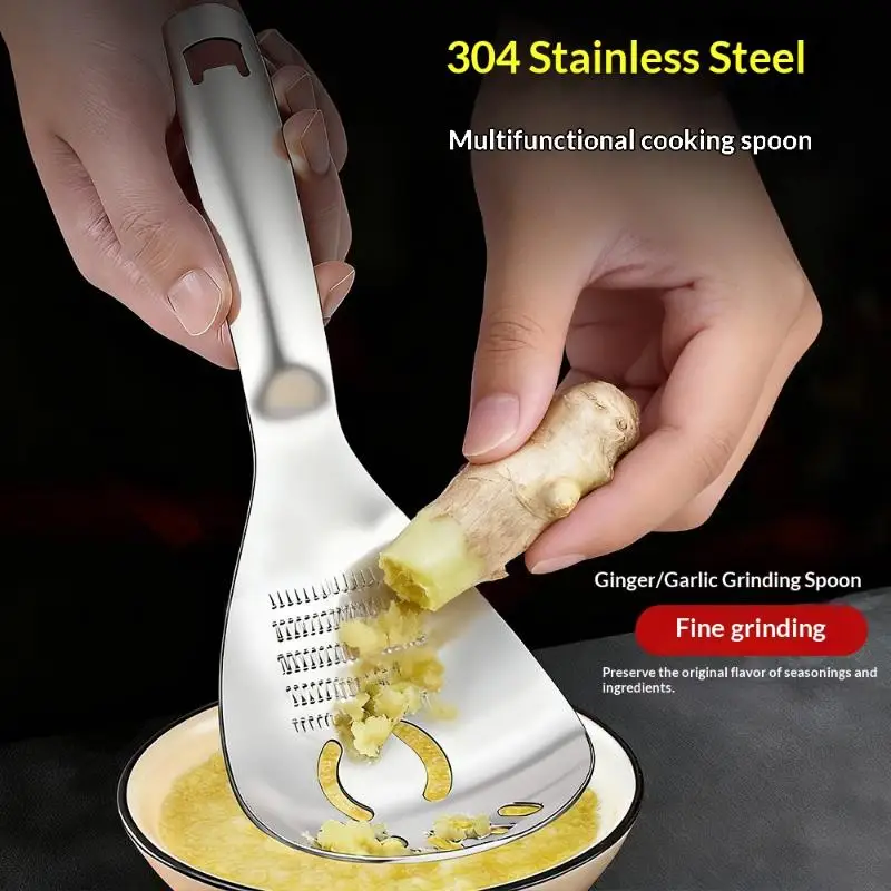 Pasta Spoon with MultiFunction Garlic Ginger Grinder Slotted Strainer for Cooking Noodles and Mixing Salad in Home Kitchen