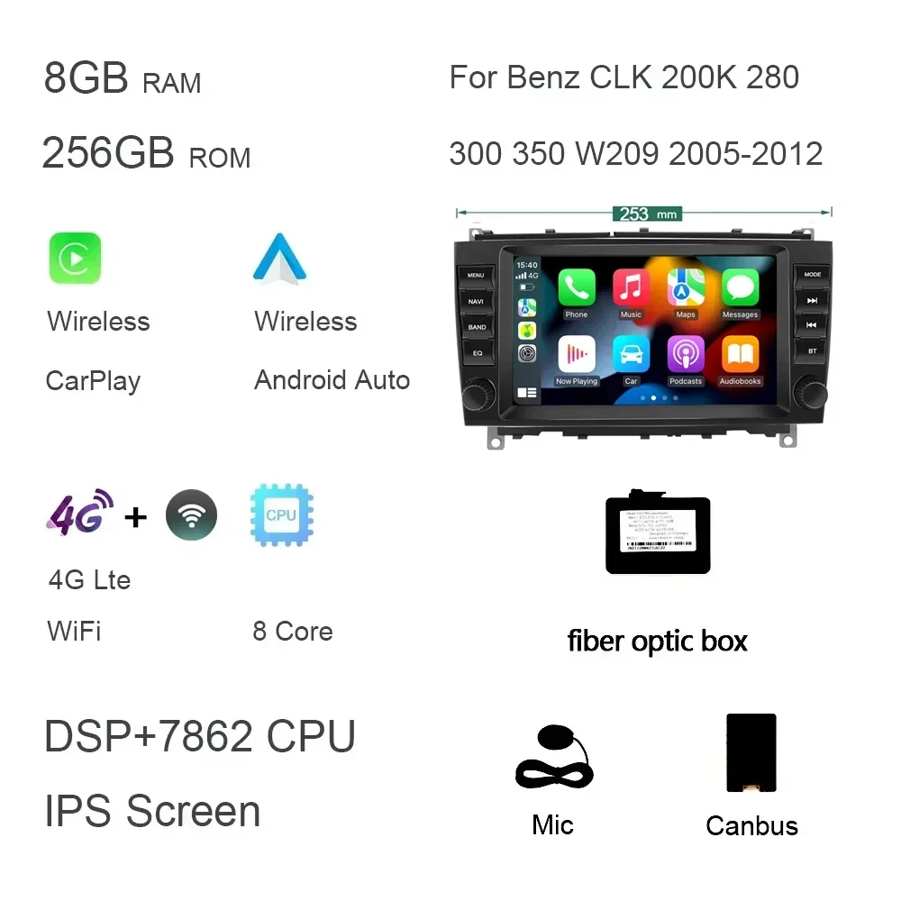 720P Carplay 8 "Android 14.0 8G + 256G Auto Dvd-speler Autoradio GPS navigatie Voor Benz CLK 200K 280 300 350 W209 2005-2012 Radio
