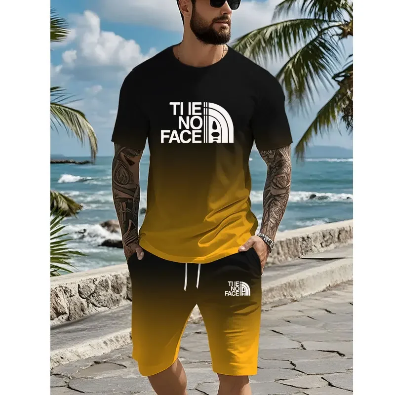 Summer Men's Tracksuit 2 Piece Outfits 3D Golden Lion Print Short Sleeve T-Shirt Shorts Jogging Sets Outdoor Street Men Clothing