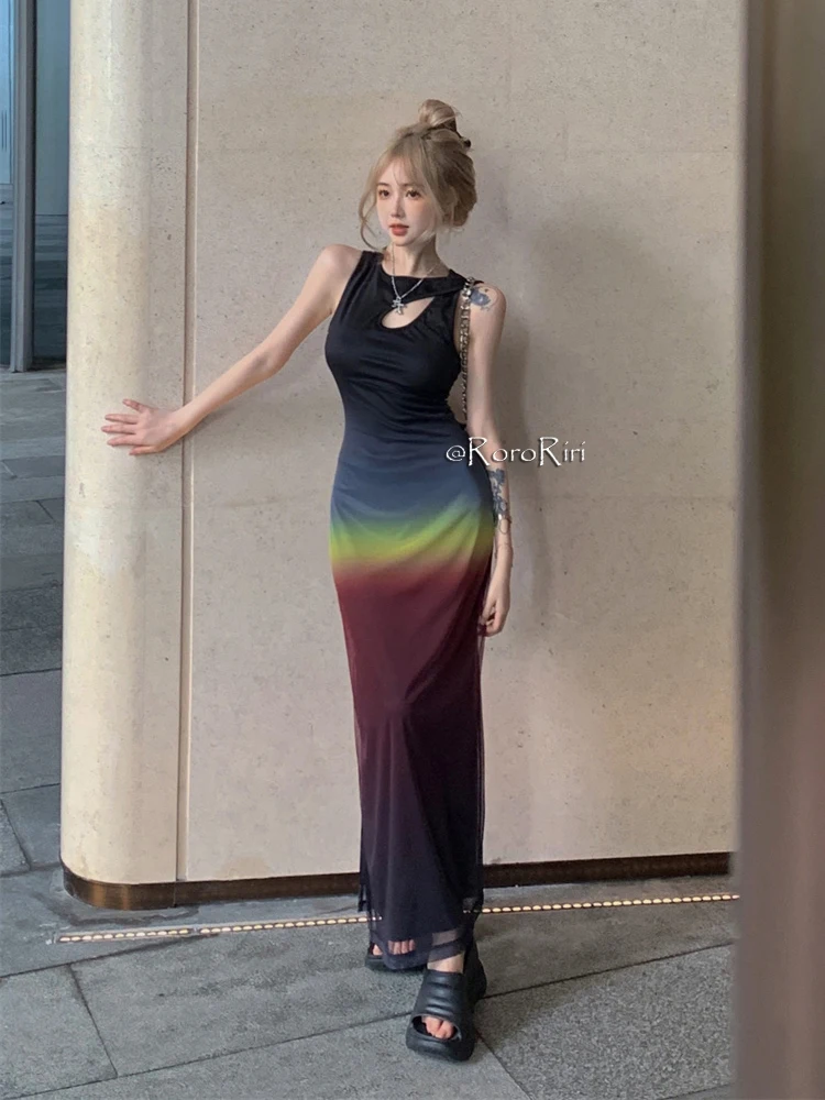 RORORIRI Ombre Sunset Sleeveless Maxi Long Dress Women Gradient Oil Painting Aesthetic Cut out Split One-piece Grayu Y2k Clothes