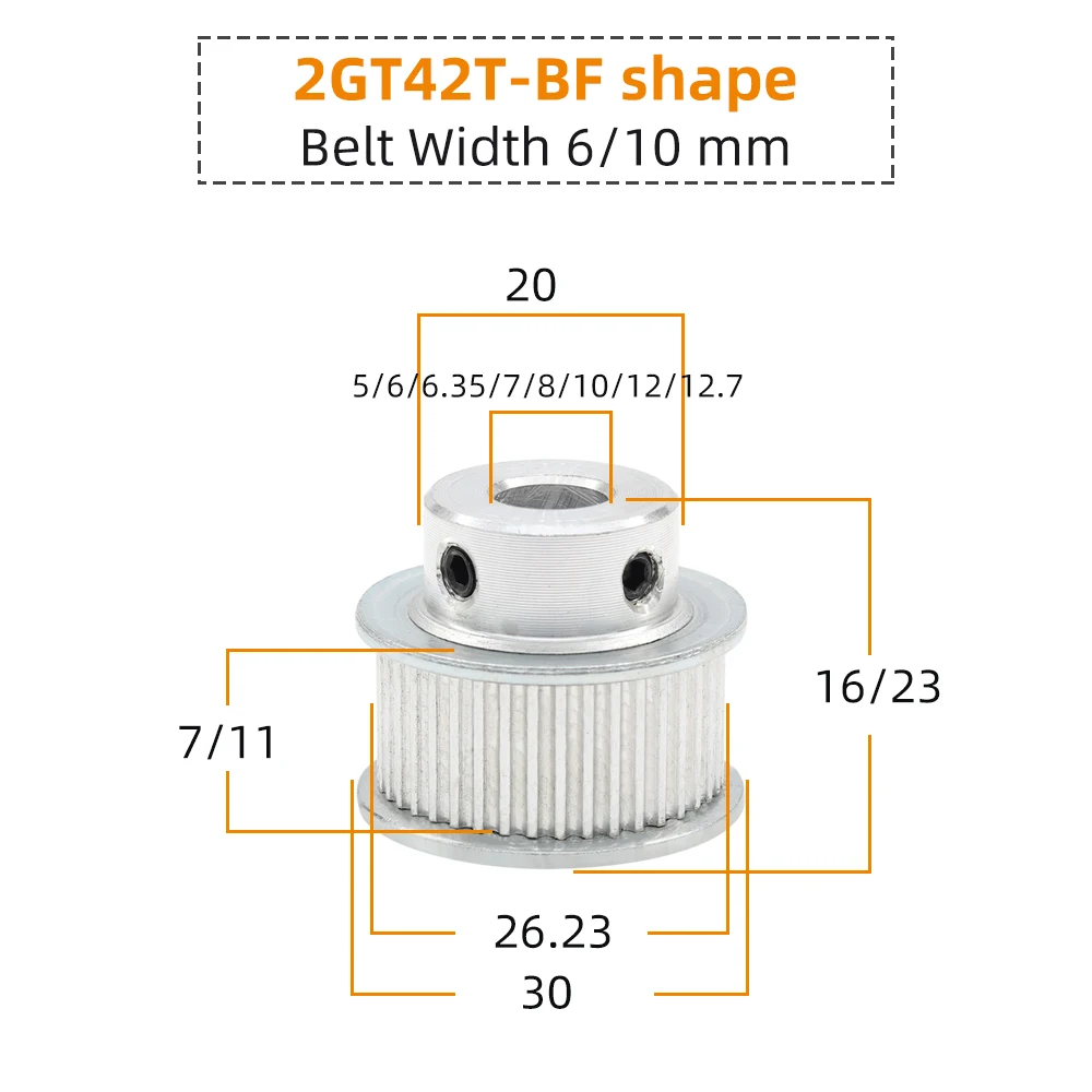 2GT 42T Motor Pulley Teeth Pitch 2mm Aluminum Motor Pulley 3D Printers Parts Pulley Belt Width 6/10 mm  Bore 5-14 mm 42T 42Teeth