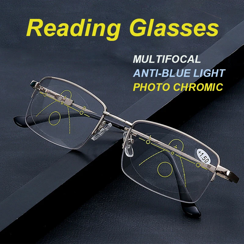 Ultraleichte, flexible Lesebrille mit progressiver Multifokal-Korrektur, Blaulichtfilter, Anti-Ermüdungs-Metallgestell, Lesebrille