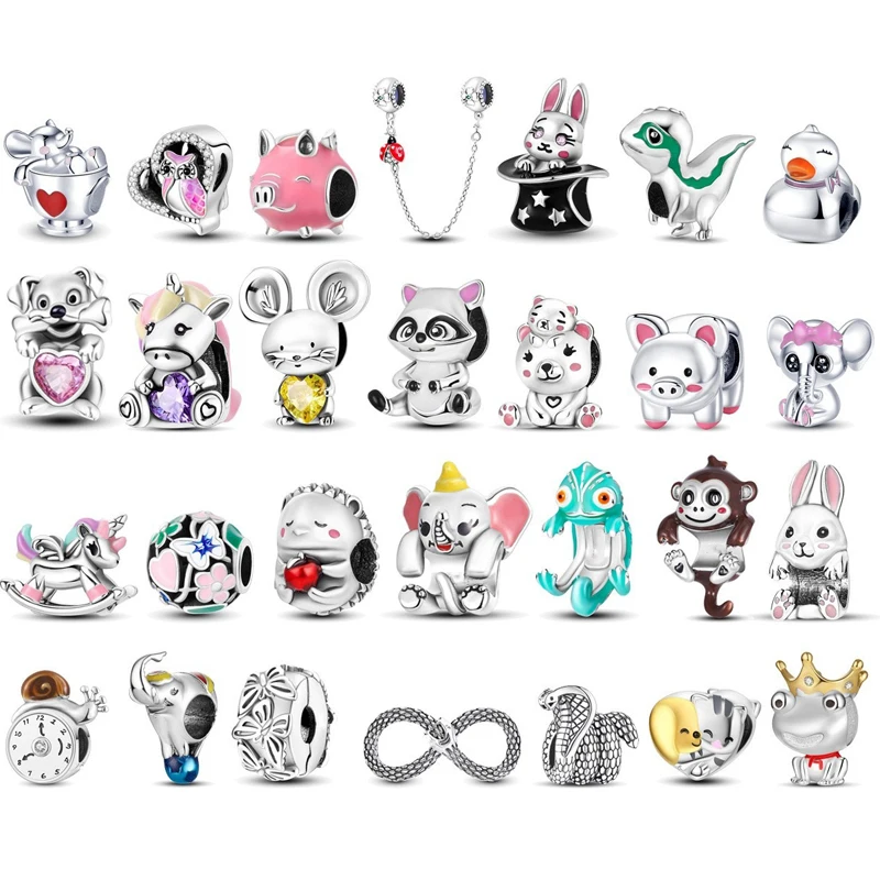 Original 925 Sterling Silber Charms Niedliche Cartoon-Tier-Print Anhänger Perlen Passend für Marken-Armbänder Halsketten Damen DIY Schmuck