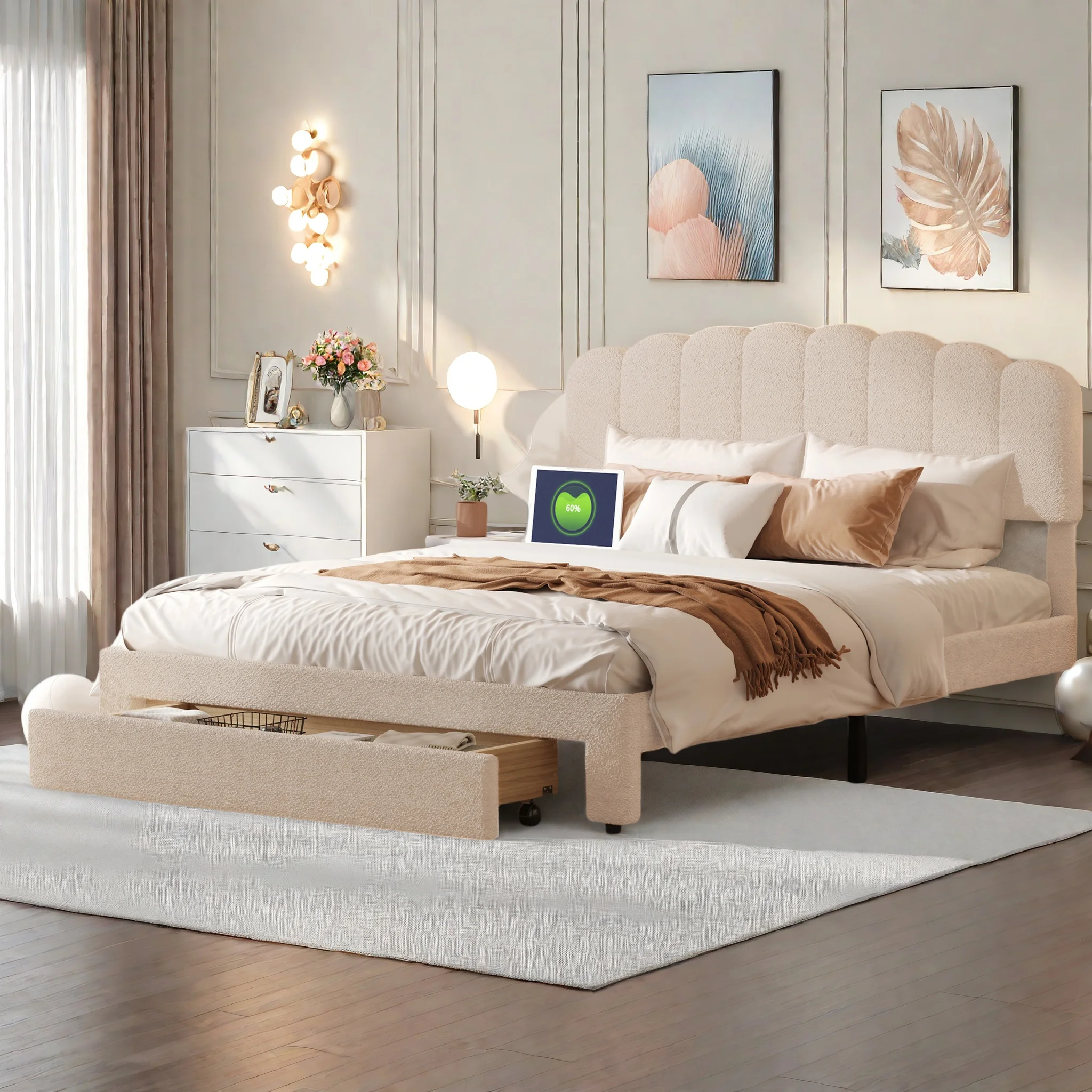 Rosahqnda 140/160*200cm lit double tête de lit en peluche beige cadre de lit avec support à feuilles en bois sans matelas lits pour jeunes