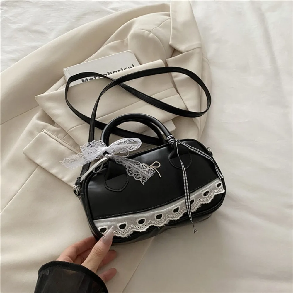 Dumpling Style PU Leather Boston Handbag Lace Ribbon Bow Crossbody Bowling Bag Korean Style Waterproof Small Square Bag Women
