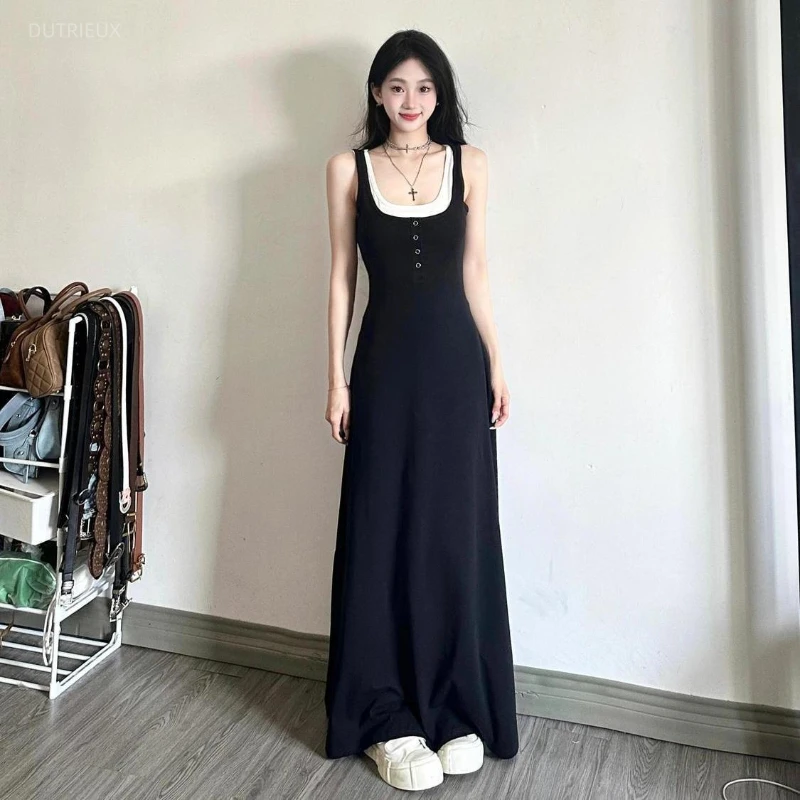 Korean Sweet Simple Constrast Color Spliced Fake Two Piece All Match Small Square Collar Sleeve Dress Y2k Punk A-line Dresses