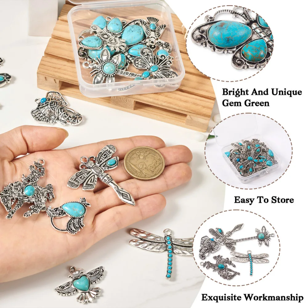 13Pcs Tibetan Style Alloy Animal Pendant Donkey Dragonfly Butterfly Turquoise Western Charm for Jewelry Making Decor Accessories