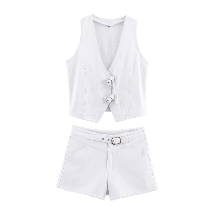 

Women's Summer Solid Color V-Neck Button Denim Casual Vest Top Chic Front Mid-Waist Zipper Pocket Decoration Shorts Set
