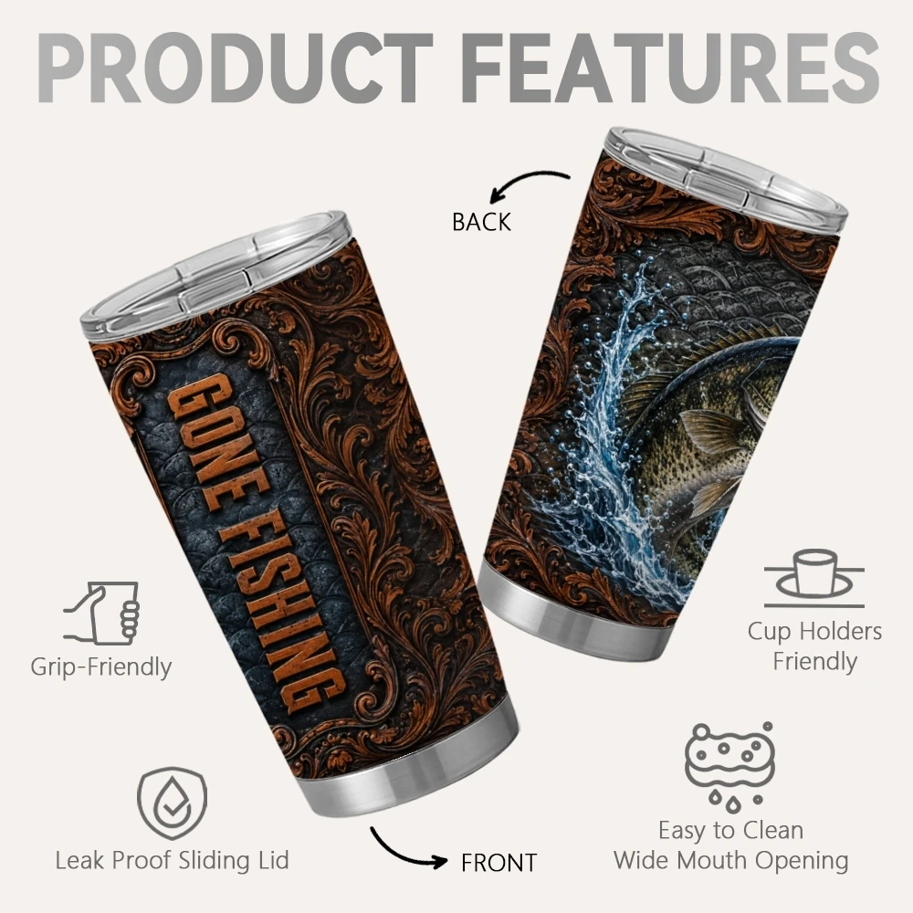 Fish Design Vacuum Flasks 20oz Insulated Stainless Steel Tumbler Travel Mug with Sliding Lid Coffee Cup for Office Use