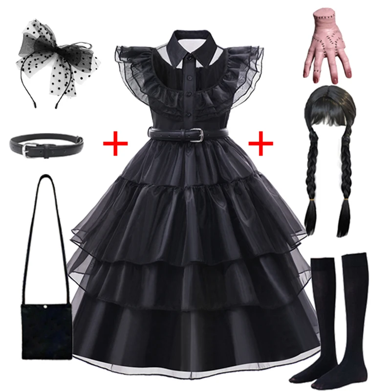 Movie Wednesday Costume for Girls 3-12 Years Gothic Winds Wednesday Cosplay Costume for Kids Halloween Carnival Party Dress