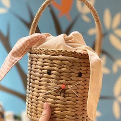 Rattan Bucket Bag For Children's&Adults,Beach Straw Bag,Shoulder Messenger Basket Bag,Handbag With Bunny Ears