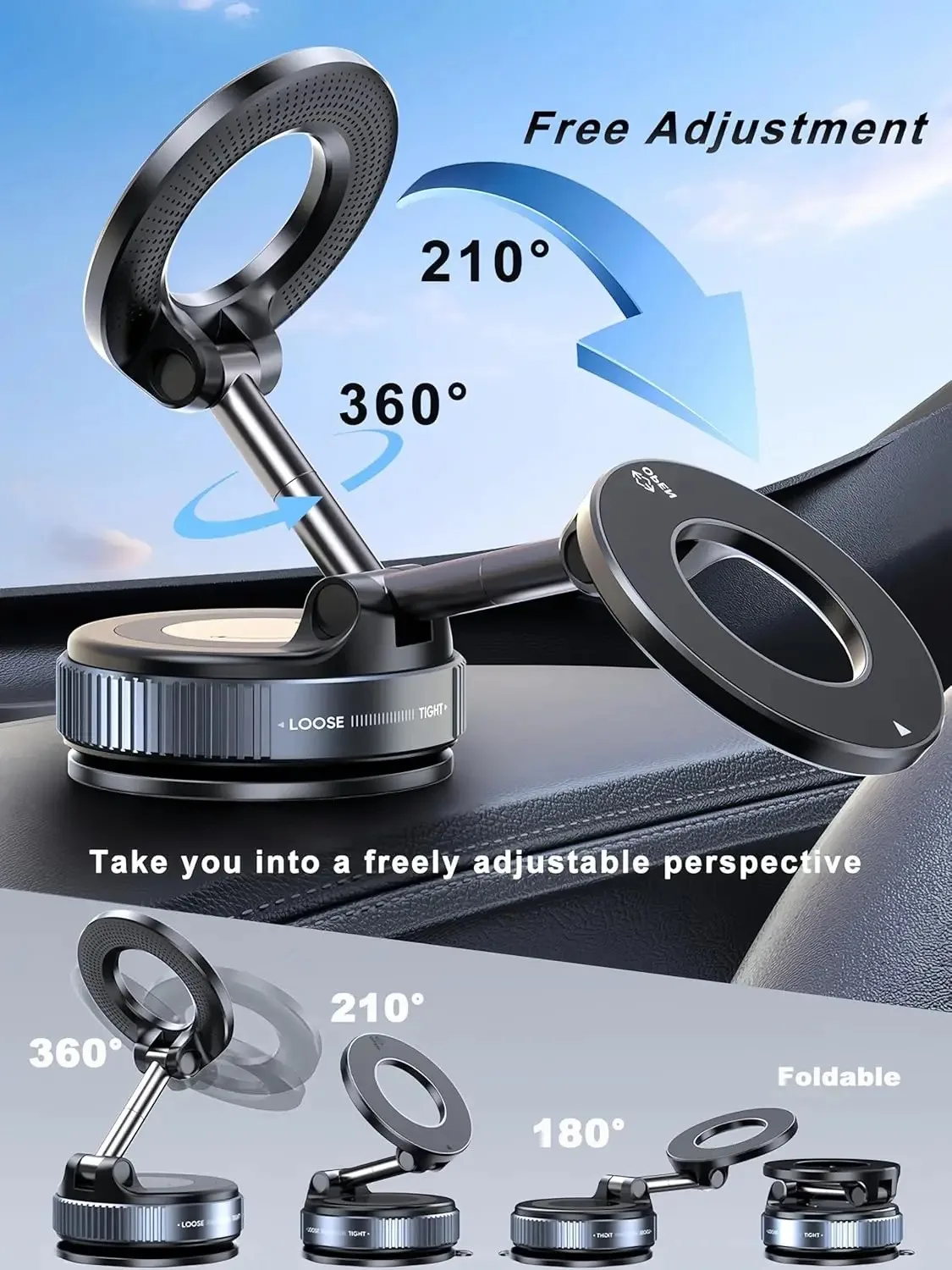 Faltbarer Starker Magnet Magnetischer Handyhalter 360° ° Drehbarer Schreibtisch-Auto-Vakuum-Saugnapf Windschutzscheiben-Armaturenbrett Handyhalterung – Detail 1