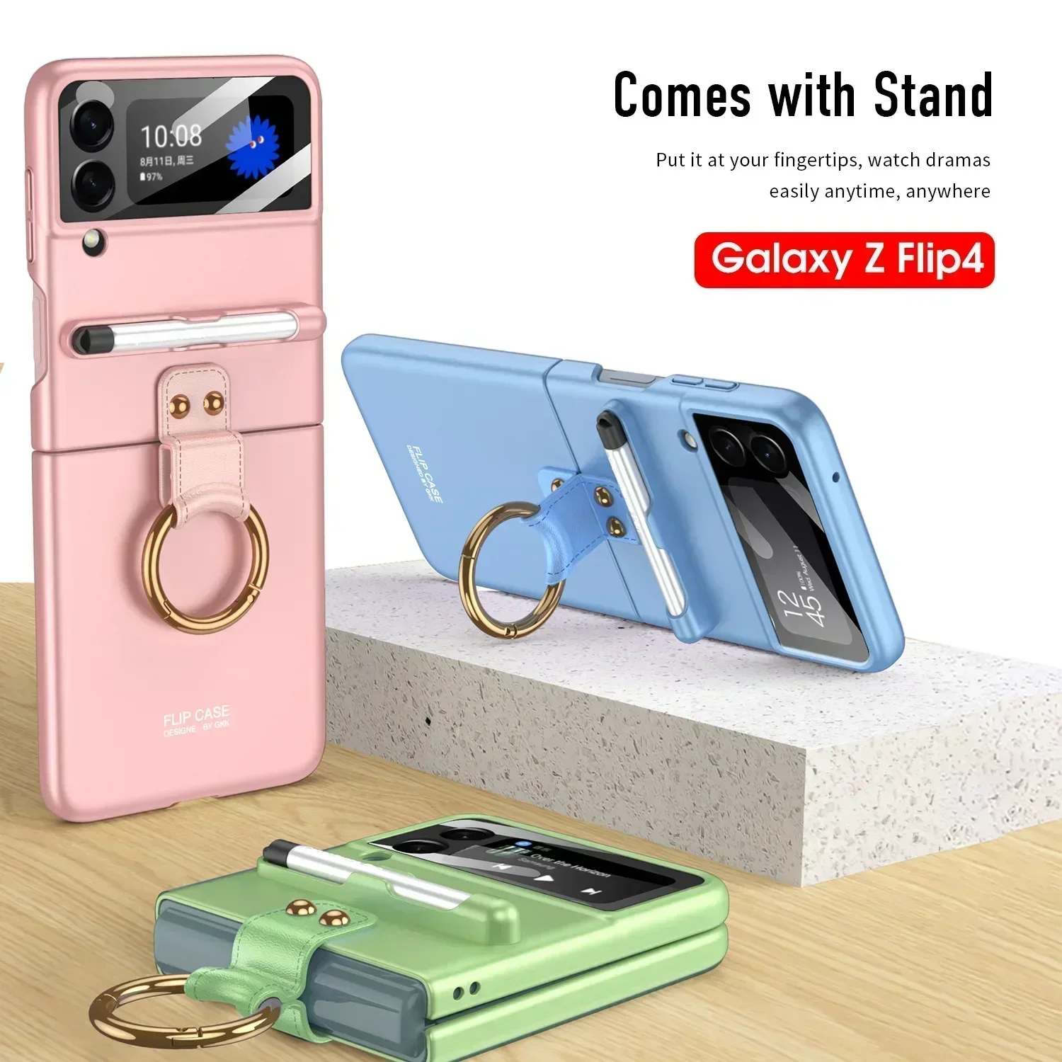 

With Ring Stand Pen Slot Stylus Shell Membrane Support Wireless Charging Phone Cases For Samsung Galaxy Z Flip4 Flip3 Case