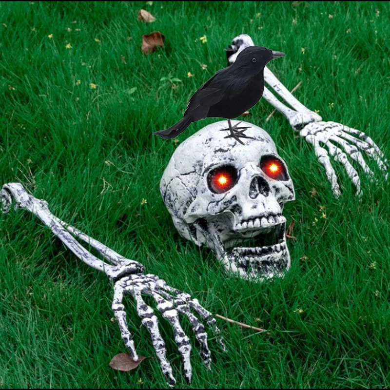 Realistische Skelettstecker mit Krähe und roten Augen, Zombie-Hände und Totenkopf-Set für Friedhof, Garten, Rasen, Halloween-Dekoration