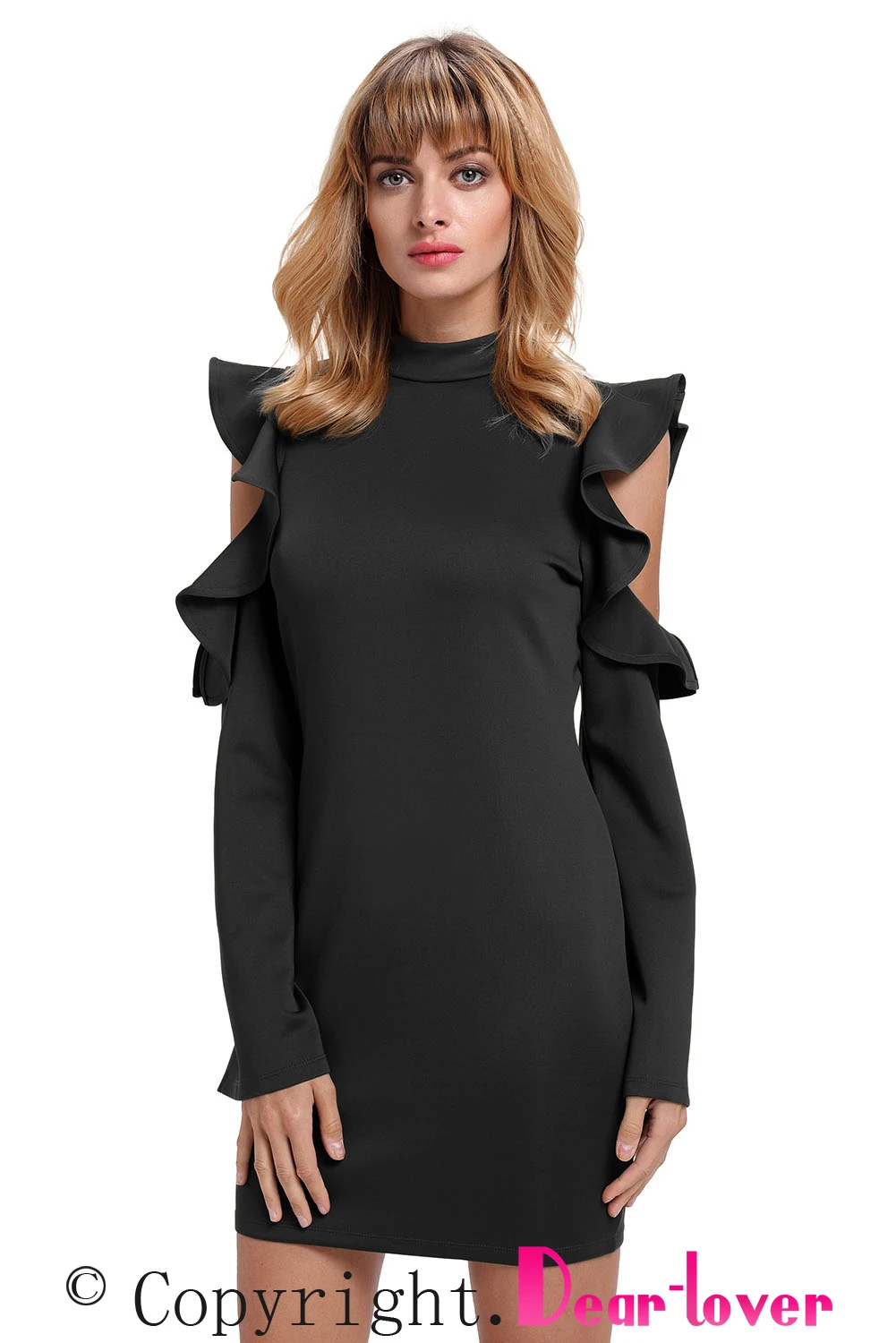 Women's Black Cold Shoulder Dress Mock Neck Bodycon Mini Dress Long Sleeve Elegant Cocktail Party Evening Wear