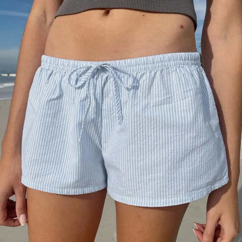 BIIKPIIK Casual Striped Shorts Beach Style Lace-up Women Mini Shorts All-match Outerwear Underpants Basic Knickers Summer Trendy