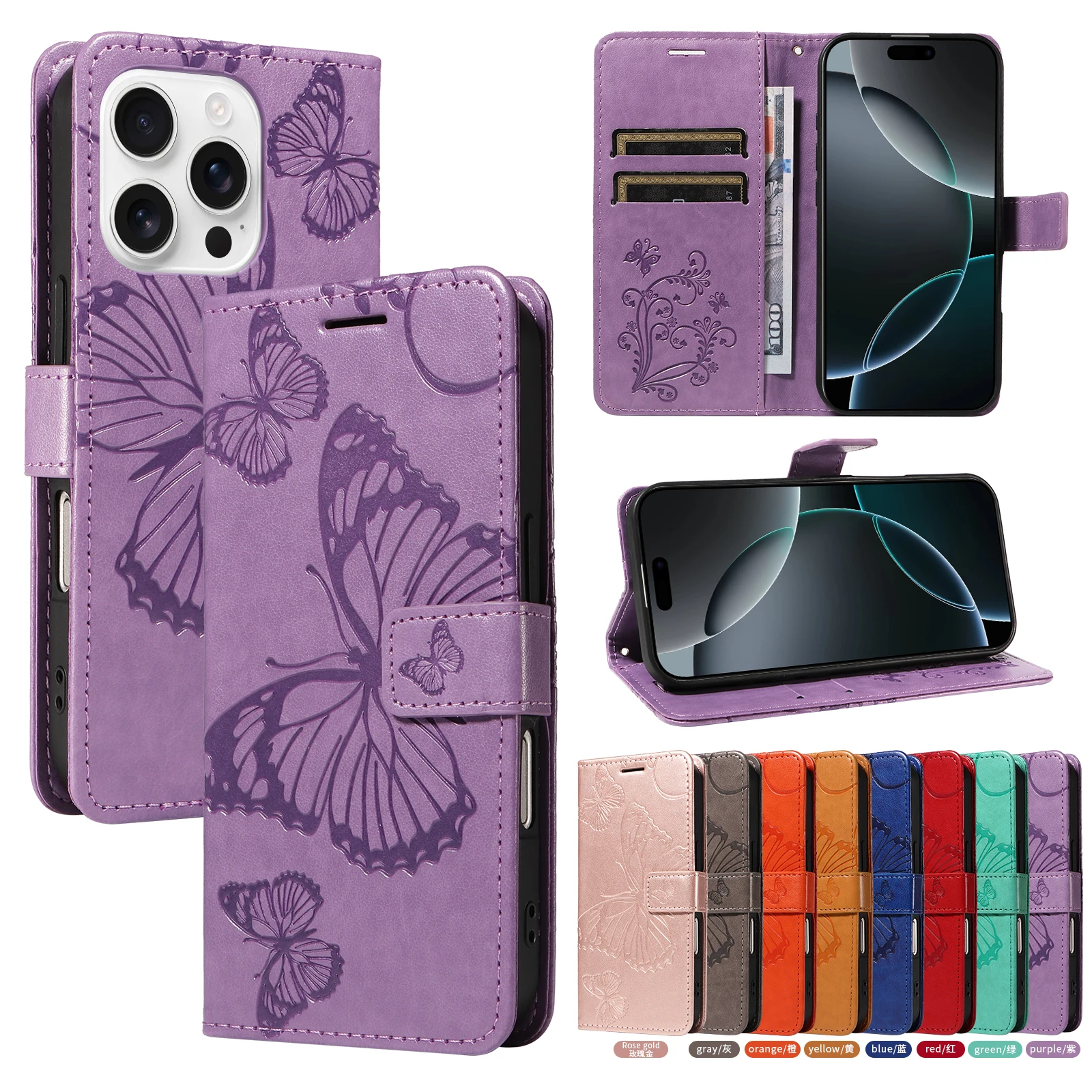 

Magnetic Leather Wallet Flip Cover Phone Case for iPhone12Mini iPhone13Promax Butterfly Embossed Design Fall Prevention