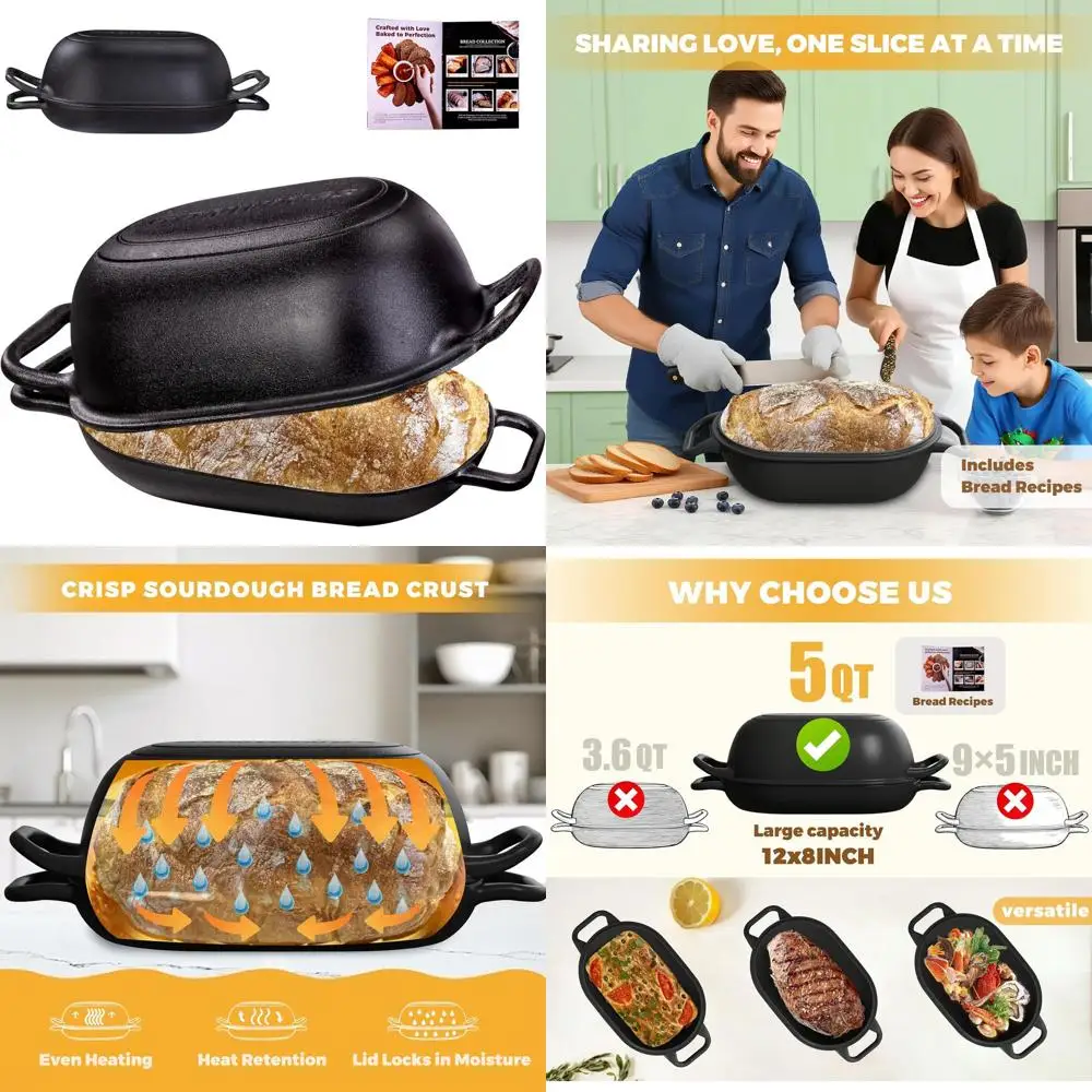 

12x8 Pre-Seasoned Cast Iron Dutch Oven for Perfect Sourdough Bread with Crispy Crust, 5-Quart
