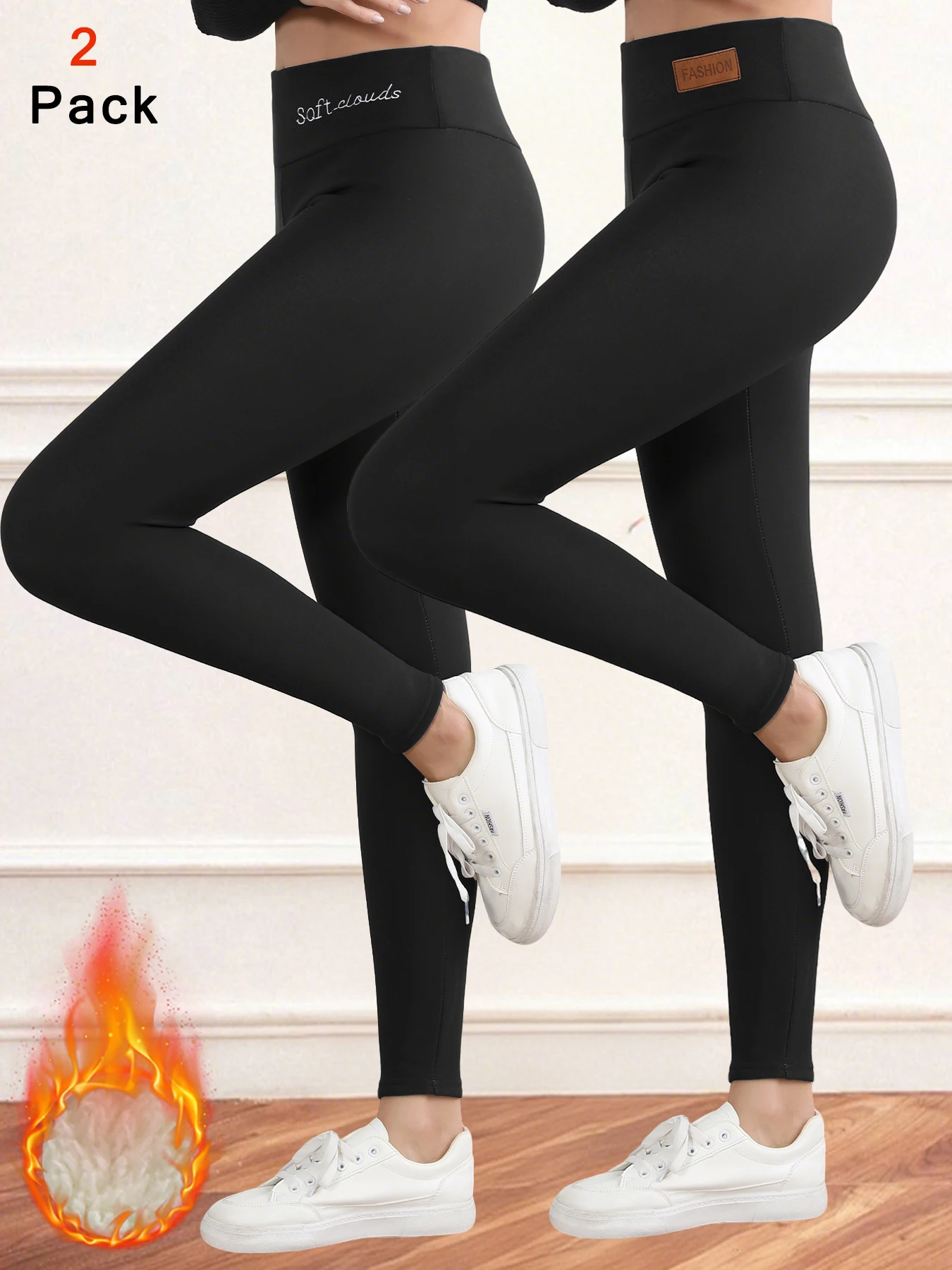 2PCS Women Warm Leggings Velvet Winter Prevent Cold Pants Elastic Slim Solid Color High Waist Butt Lifting Tights Casual Wear