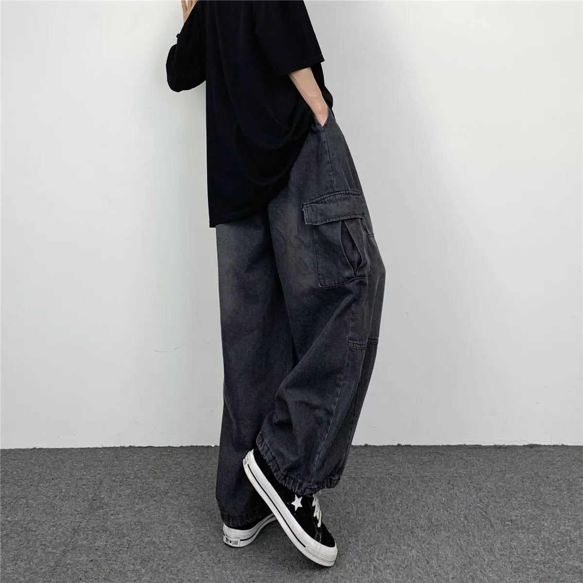2026 Herren Latzhose mit großen Taschen Frühling Herbst Vintage Weite Beine Y2K Neutrale Gerade Freizeithose High Street Hip Hop Jeans – Detail 8