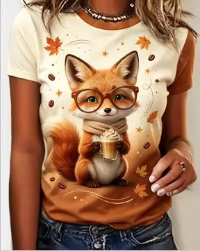 Women Gradient Short Sleeve T‑Shirt, Cute Red Panda Strawberry Drink Print O‑Neck Tee, Casual Loose Summer Tops