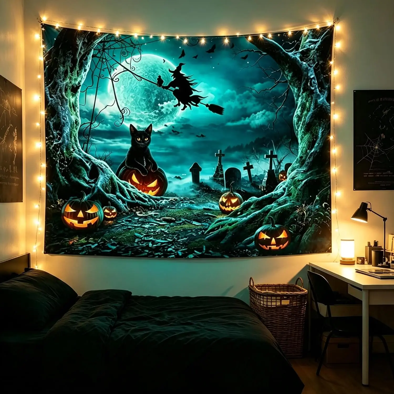Halloween Witch Black Cat Tapestry, Graveyard Pumpkin Moon Bats Wall Hanging, Spooky Forest Night Background Cloth Decor