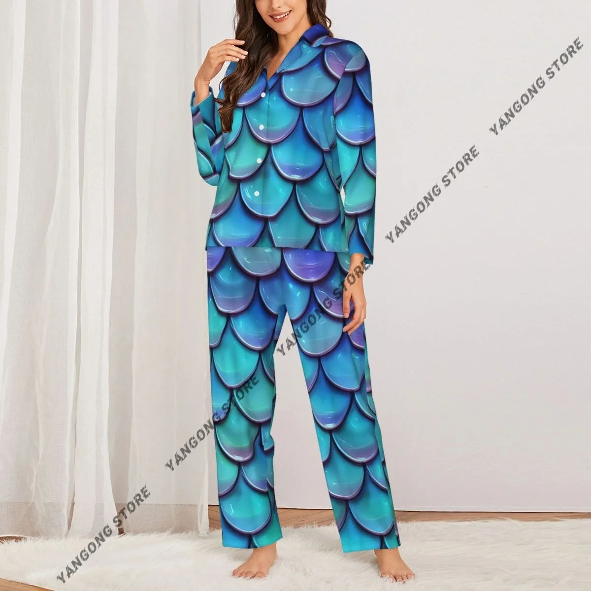 Spring and Autumn Pajama Set Women's Long Sleeve Pants Two Piece Mermaid Teal Fish Scales Home Furnishing Set