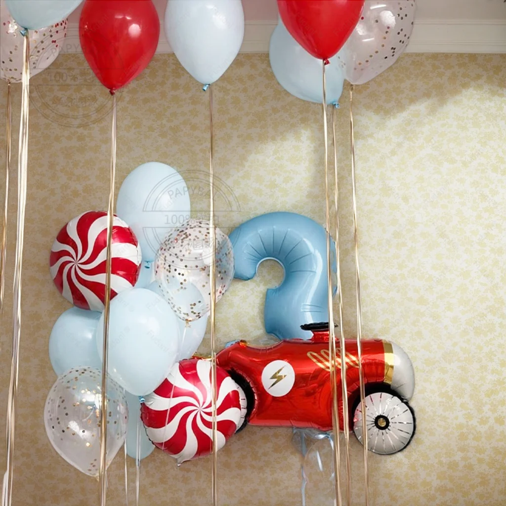 22 Piezas de Globos de Coche de Carreras para Fiesta de Cumpleaños, Decoración de Cumpleaños, Set de Globos de Número Azul de 40 Pulgadas, Globos de Coche Flamme, Regalo