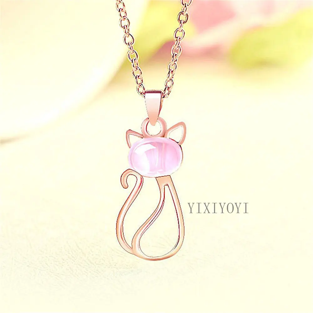 Natural Ice Pink Ross Quartz Cute Cat Crystal Pendant Trendy Gem Necklace for Woman Elegant Cham Girl's Party Gifts Jewelry