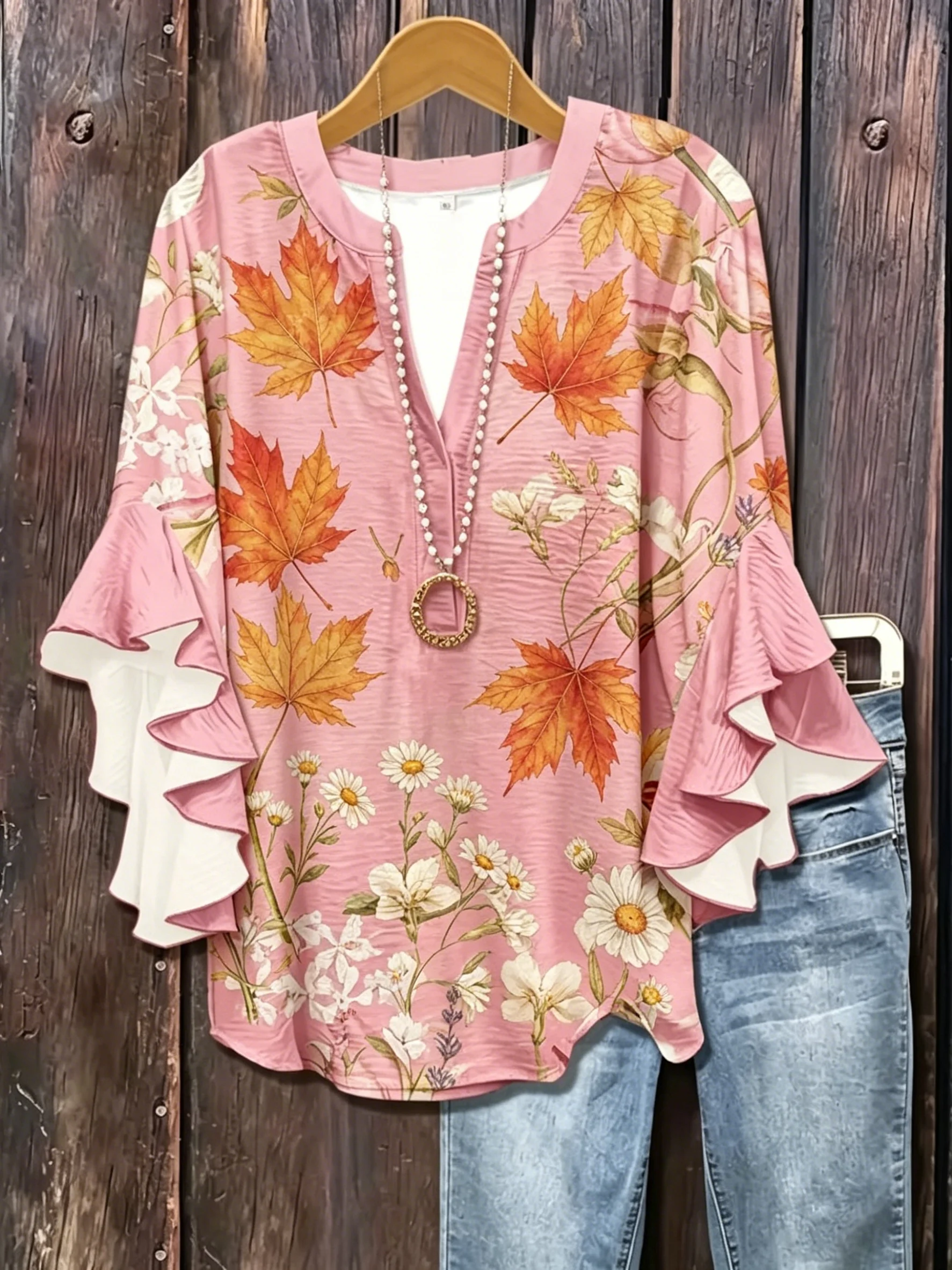 Women's Spring Summer Mixed Floral Print V Neck Blouse, Casual Flounce Ruffle Sleeve Loose Top