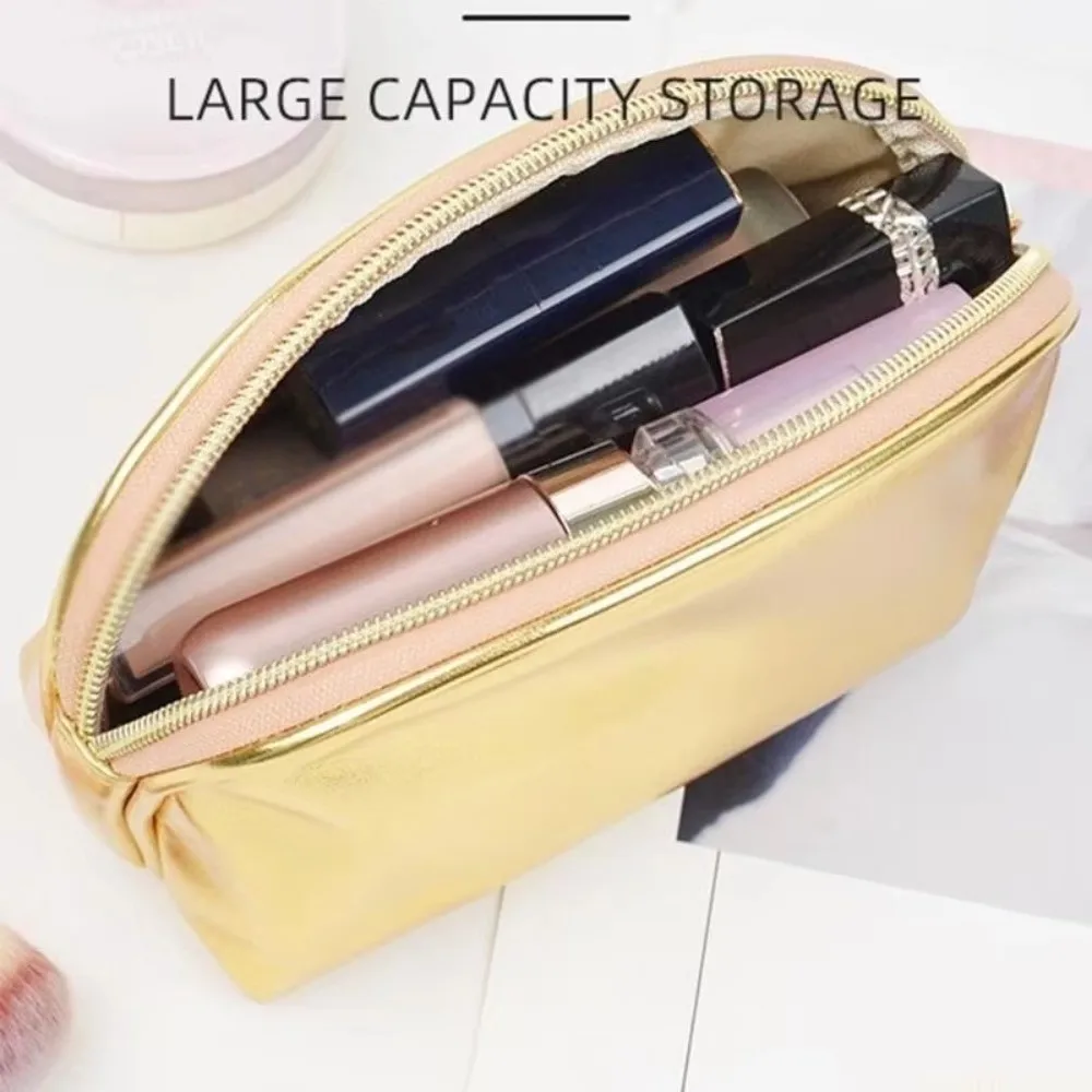 Portable Silver/Gold Handheld Makeup Bag PU Leather Zipper Closure Cosmetic Bag Soft Waterproof Makeup Pouch Cosmetic Storage