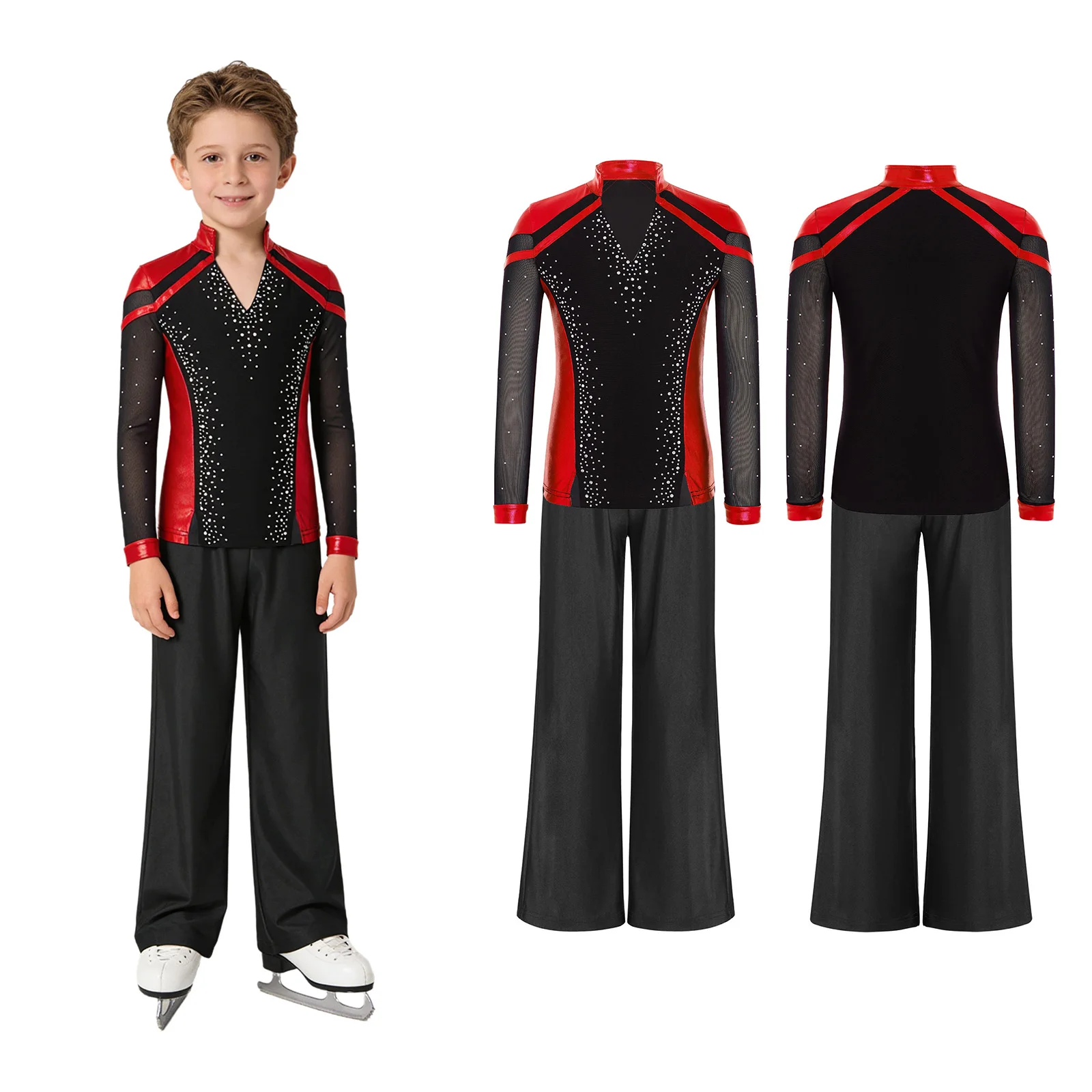 

Kid Boys Latin Lyrical Figure Skating Dance Outfit Modern Gymnastics Competition Performance Costume Long Sleeve Rhinestones Set