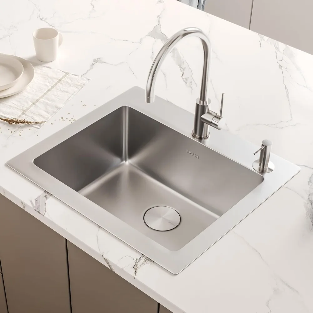 25 x 22 inch Drop-in Topmount Kitchen Sink - 16 Gauge Stainless Steel Single Bowl with Brushed Finish hides scratches