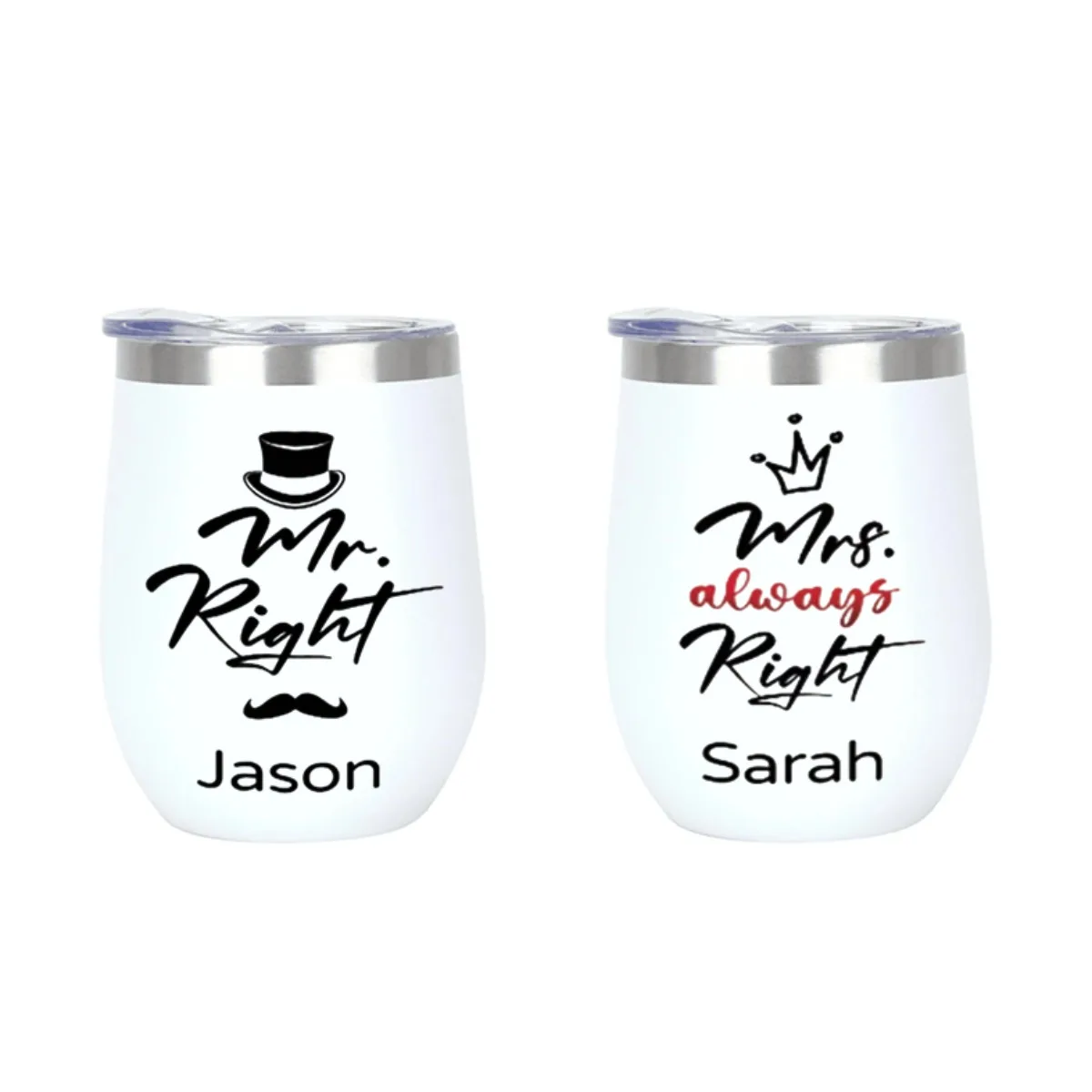 Personalized Mr Right Mrs Always Right Wine Tumbler Set Custom Name Stainless Steel Egg Cup With Lid Wedding Anniversary Gift.