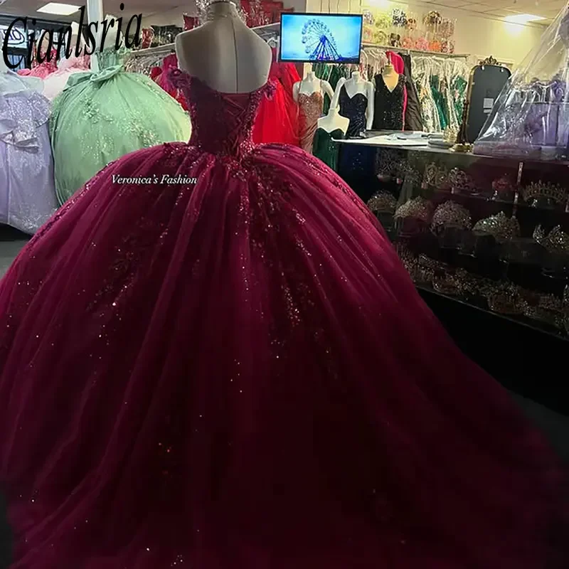 Fuchsia Off The Shoulder Quinceanera Dresses Ball Gown Sequined Appliques Lace Sweet 15 Años Mexican Customized
