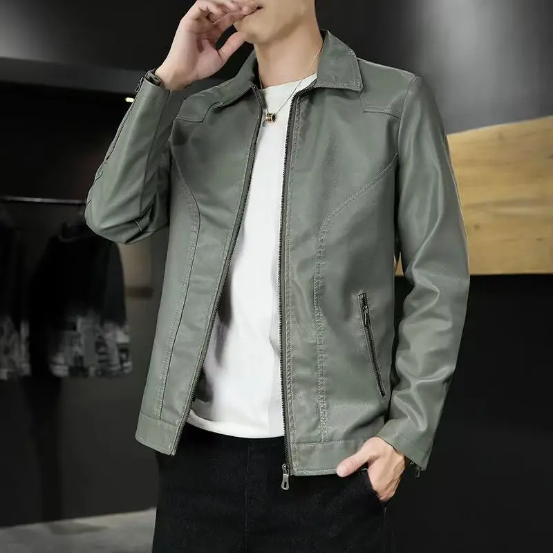 

Мужская осенне-зимняя приталенная куртка из натуральной кожи в корейском стиле, модное мягкое однотонное мотоциклетное байкерское пальто с отложным воротником