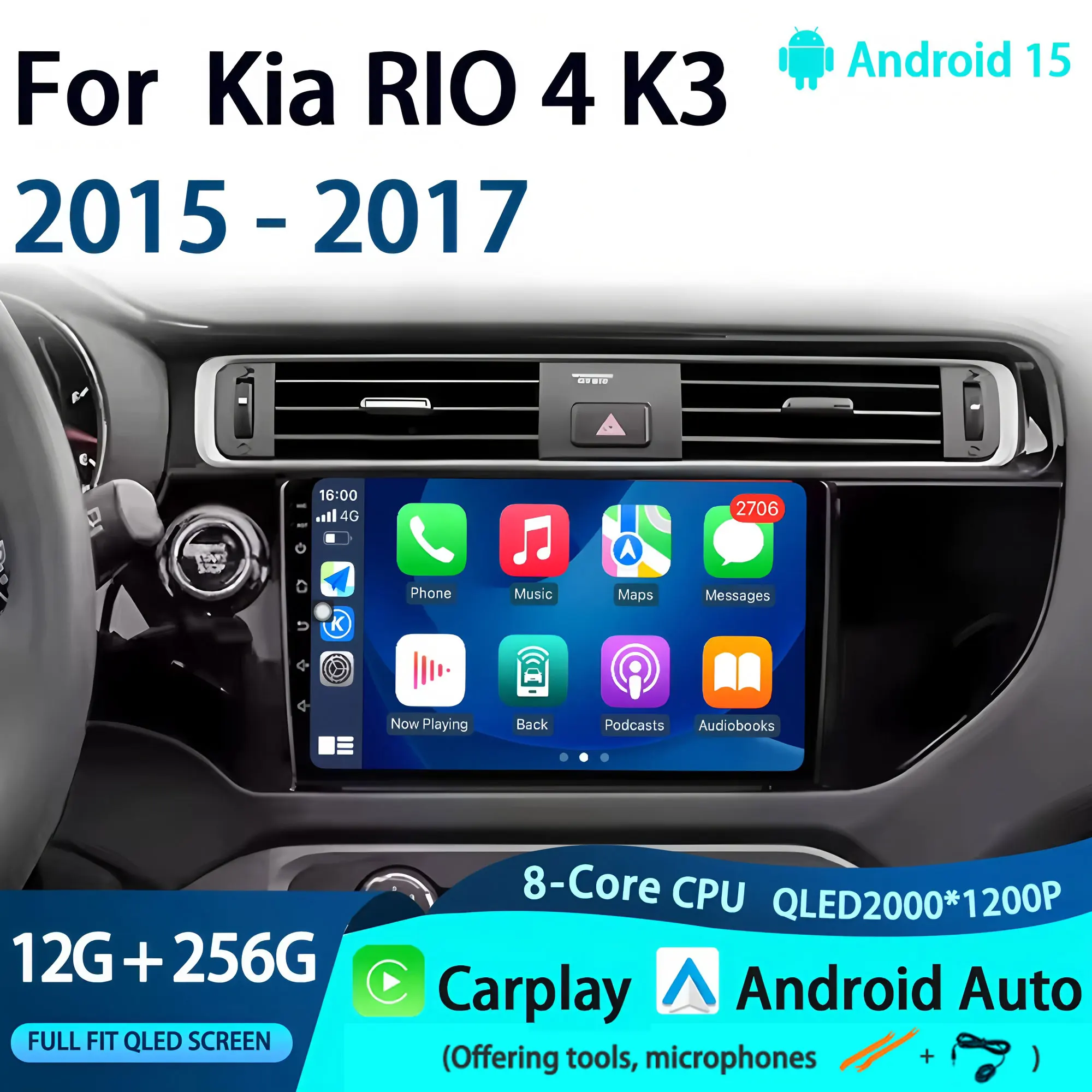 

Android 15 For Kia RIO 4 K3 2015 - 2017 Car Multimedia Video Player Stereo GPS Navigation Auto Carplay Radio 360 Camera QLED DSP