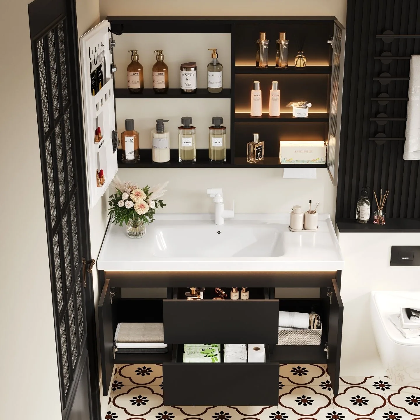 French Black Bathroom Cabinet with Drawers Toilet Aluminum Washstand Ceramic Integrated Cabinets Armadietto Hotel Furniture