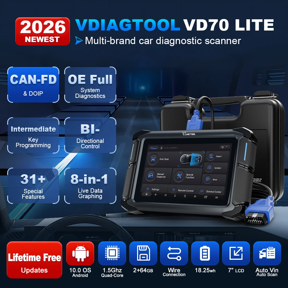 VDIAGTOOL VD70Lite All System Car Diagnostic Tool Lifetime Free Update Bi-Directional OBD2 Scanner 31 Resets FCA & CANFD & DOIP