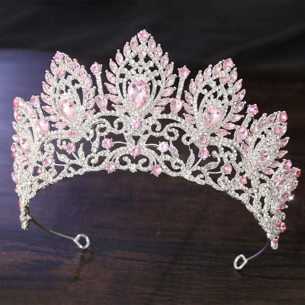 Baroque Queen Large Pink Crystal Rhinestone Tiaras Crowns Bridal Women Wedding Pageant Diadem Princess Party Hair Dress Jewelry