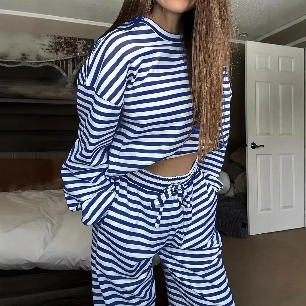 Women's Retro Printed Knit Striped Full Length Pants Elegant All Season Casual Comfortable Stretchy Bottoms with Ribbed Cropped