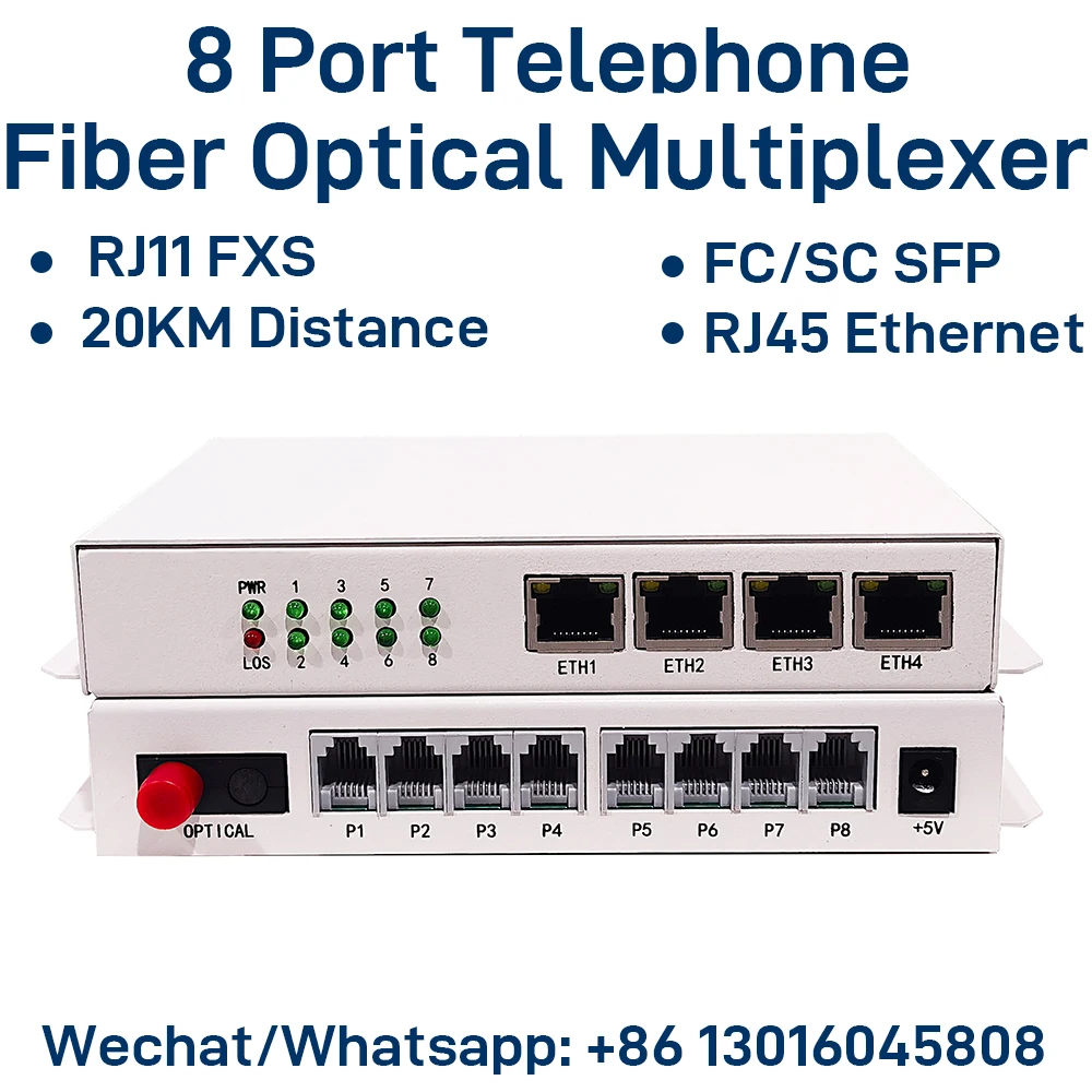 8 Port Telephone Fiber Optical Multiplexer RJ11 FXS Phone Over Fiber with Fast Gigabit Ethernet Physical Isolated Network 20KM