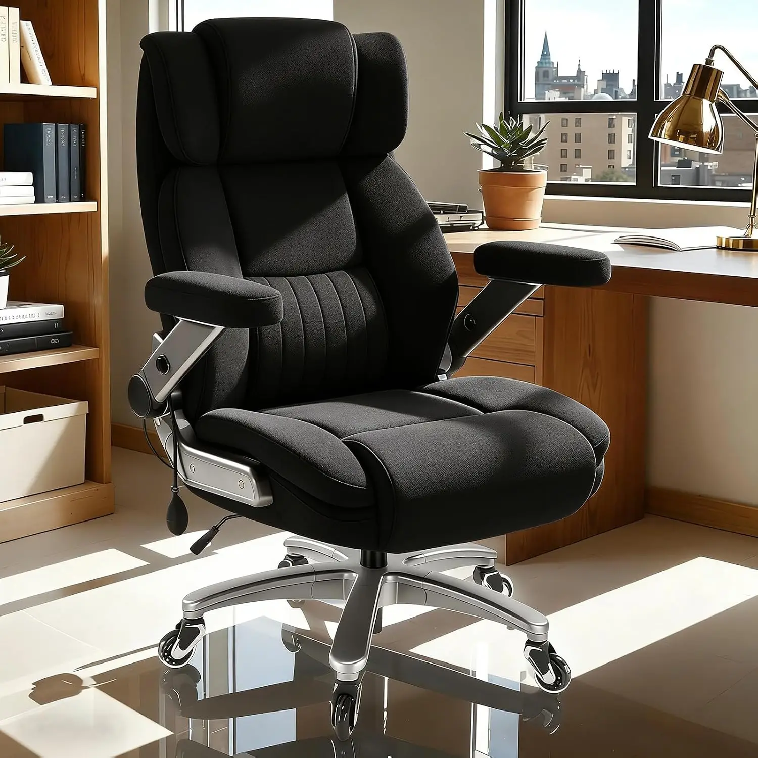 Fabric 600LBS Heavy Duty Office Chair 5D Flip Arms Pocket Spring Cushion Adjustable Lumbar Support High Back Big & Tall Desk Cha
